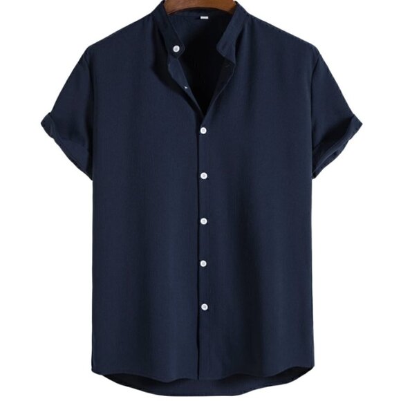 Navy Blue Preppy Mens Solid Button Up Shirt - Picture 1 of 4